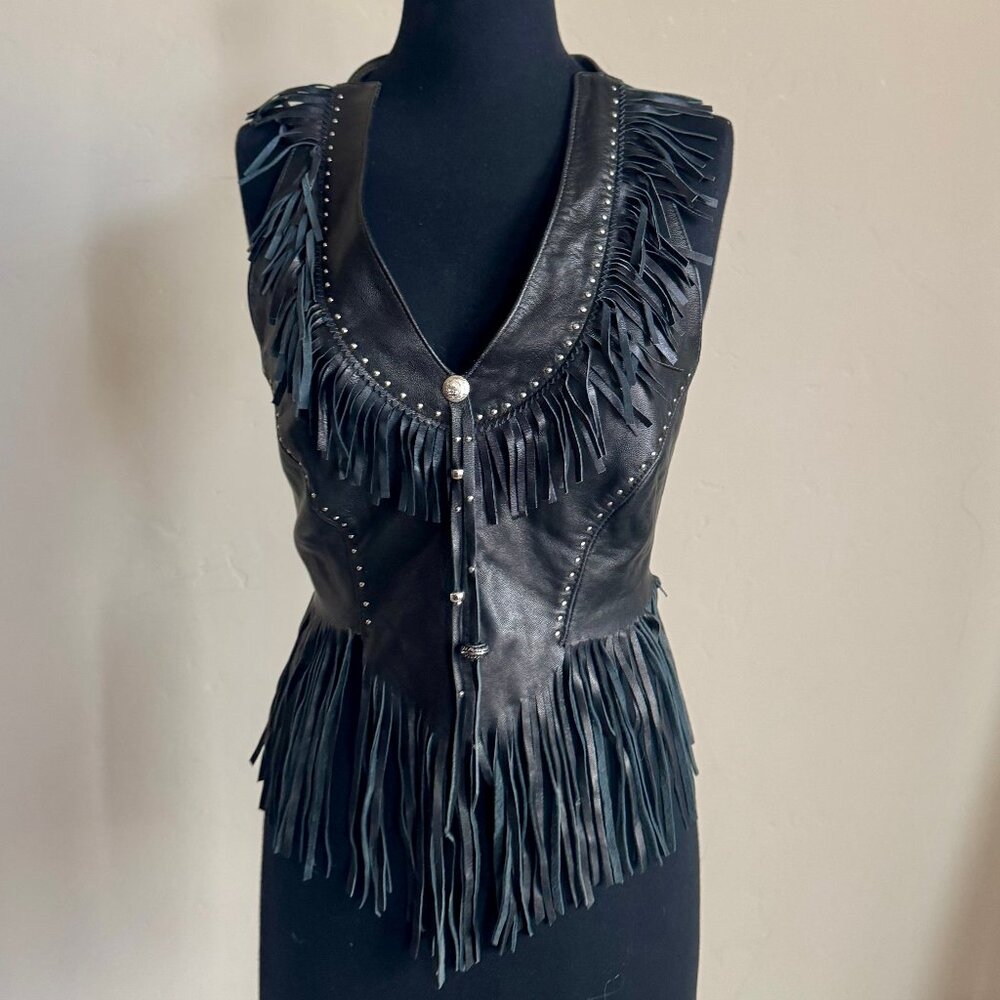 Vintage Concert 🎶 Leather Fringe Halter Top Silver Grommet Detail Concert Vibes